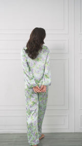 Purple Green Meadows Print Washable Silk Pajamas Set