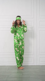 Green Themums Print Washable Silk Pajamas Set