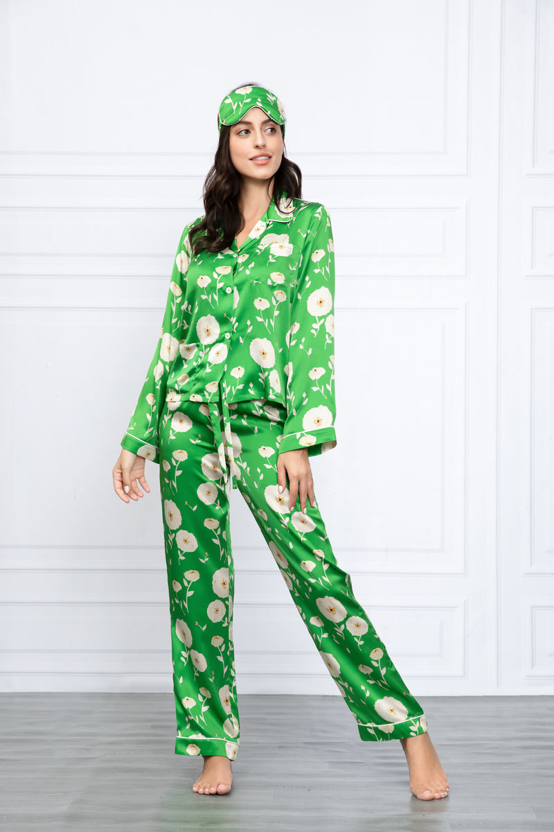 Green Themums Print Washable Silk Pajamas Set