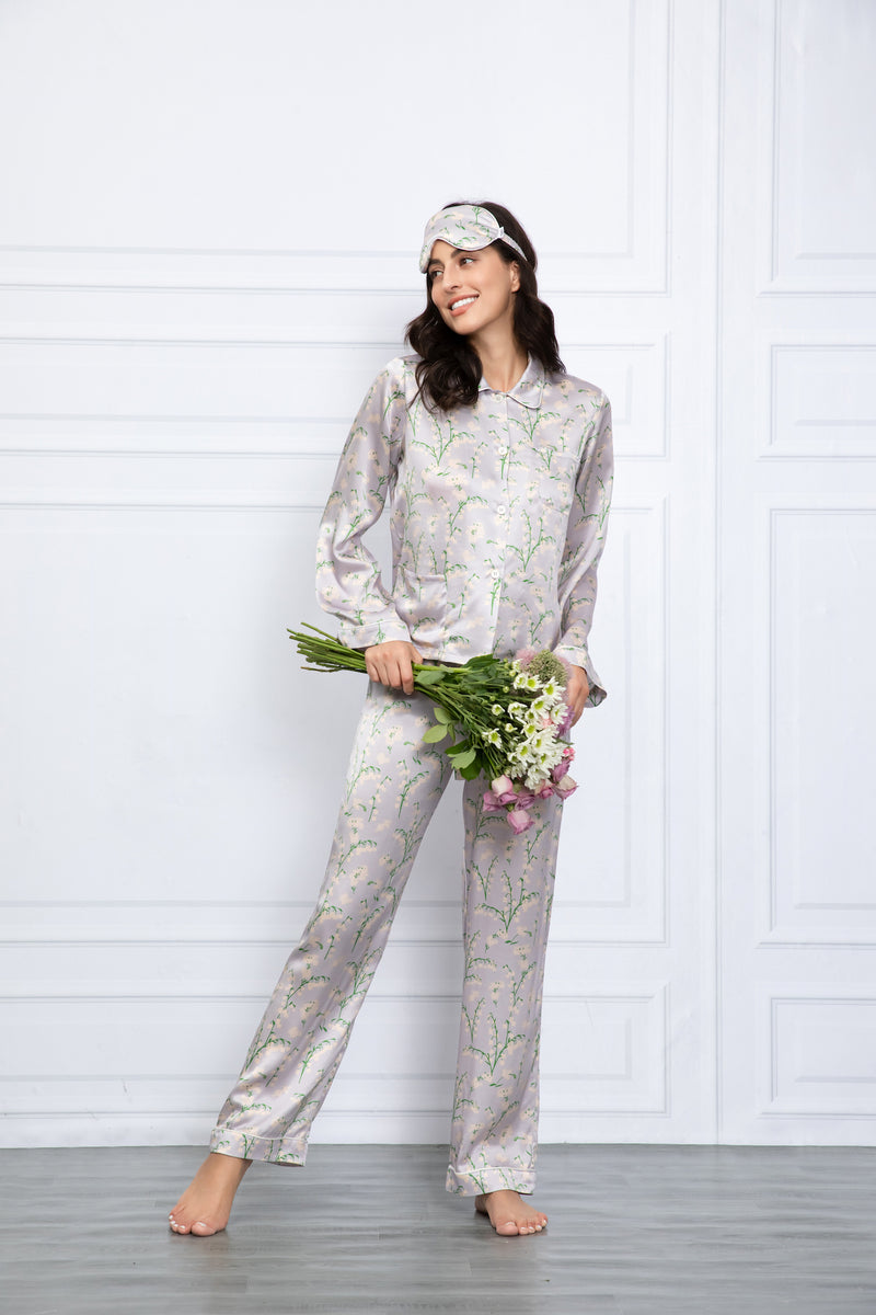 Lily Of the Valley Print Washable Silk Pajamas Set