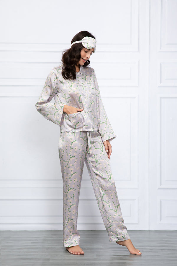 Lily Of the Valley Print Washable Silk Pajamas Set