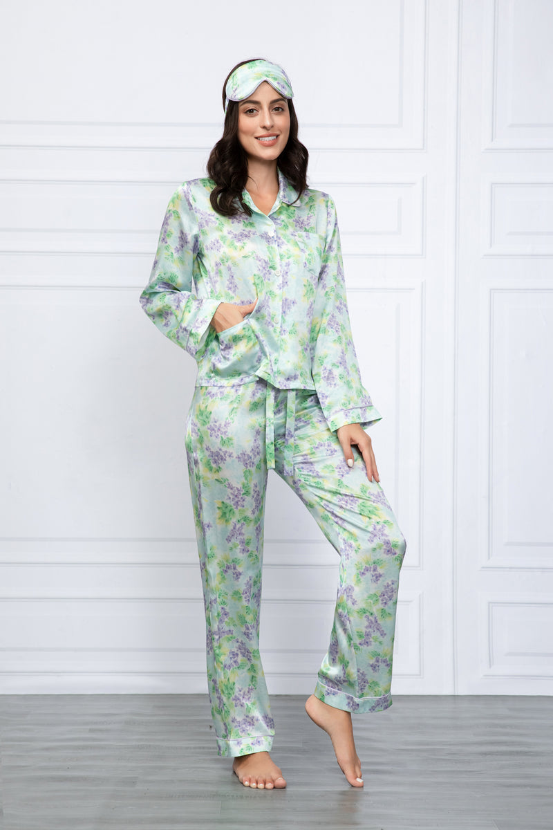 Purple Green Meadows Print Washable Silk Pajamas Set – Fleur Feels